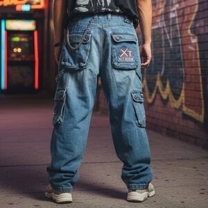 VTG Y2K XTreme X-TREMEWEAR Baggy Denim Cargo Pants 90s/00s Skater Rave